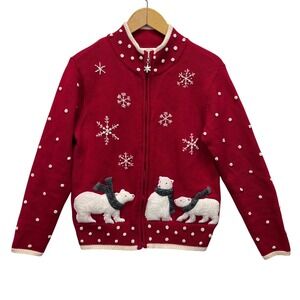 Talbots Red Polar Bear Snowflake Zip Up Cardigan Sweater Womens Small Holiday